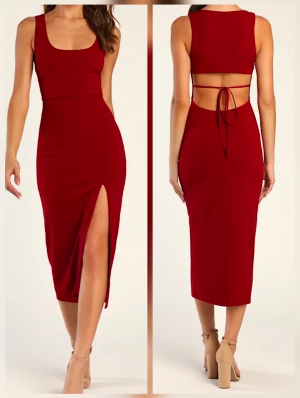 Lulus Sultry Elegance Wine Red Cutout Bodycon Midi Dress, Size MED